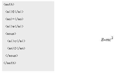 MathMLのサンプルリスト(左)およびレンダリング結果(右)